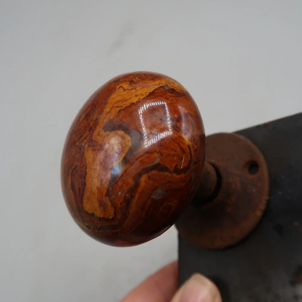 Antique Door Knob Lock Plate Lock Assembly Eastlake Style Brown Stone Marble